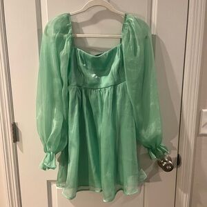 Iridescent light Green Long Sleeve babydoll cocktail Dress-sheer overlay